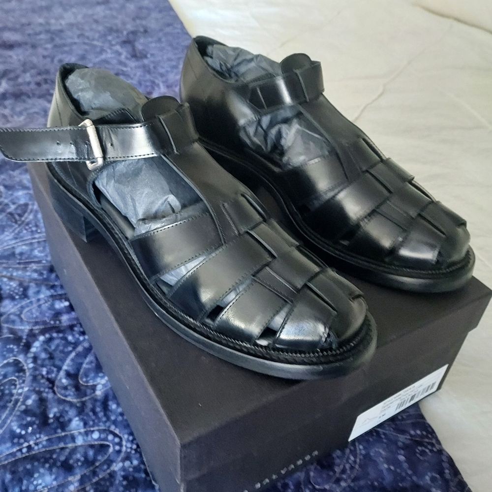Freda Salvador Dahlia T-Strap Black Fisherman Loafers with Box Leather, Size 8 - Picture 6 of 13